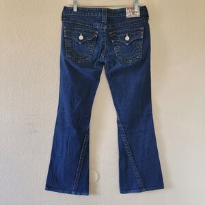 True Religion Brand Joey Flare Jeans Low Rise Button Flap Pocket Womens Size 28